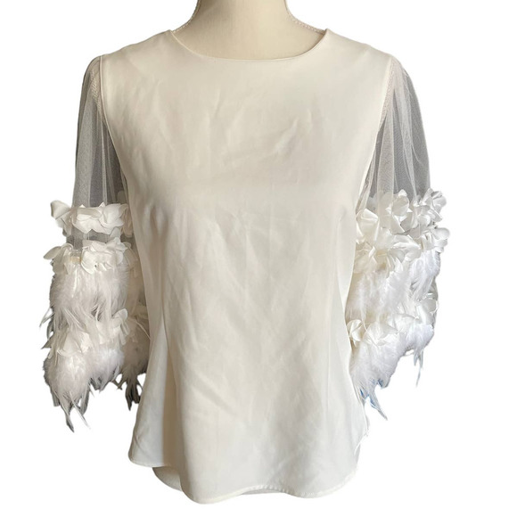 Why Dress Womens Bird Leaf Sleeve Mesh Top Blouse Crew Neck Size L White - Picture 1 of 9